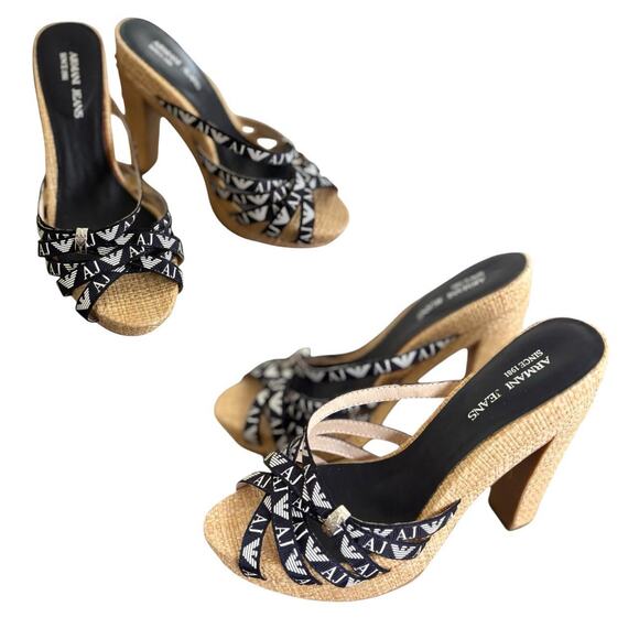 AUTHENTIC Y2K ARMANI JEANS STRAPPY PLATFORM SANDALS  HEELS SZ. US 5/35 EUC - Picture 2 of 6
